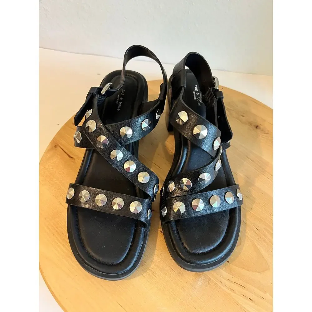 Rag & Bone Black Genuine Leather Silver Studded Chunky Sandal Size 7.5-8 / 38